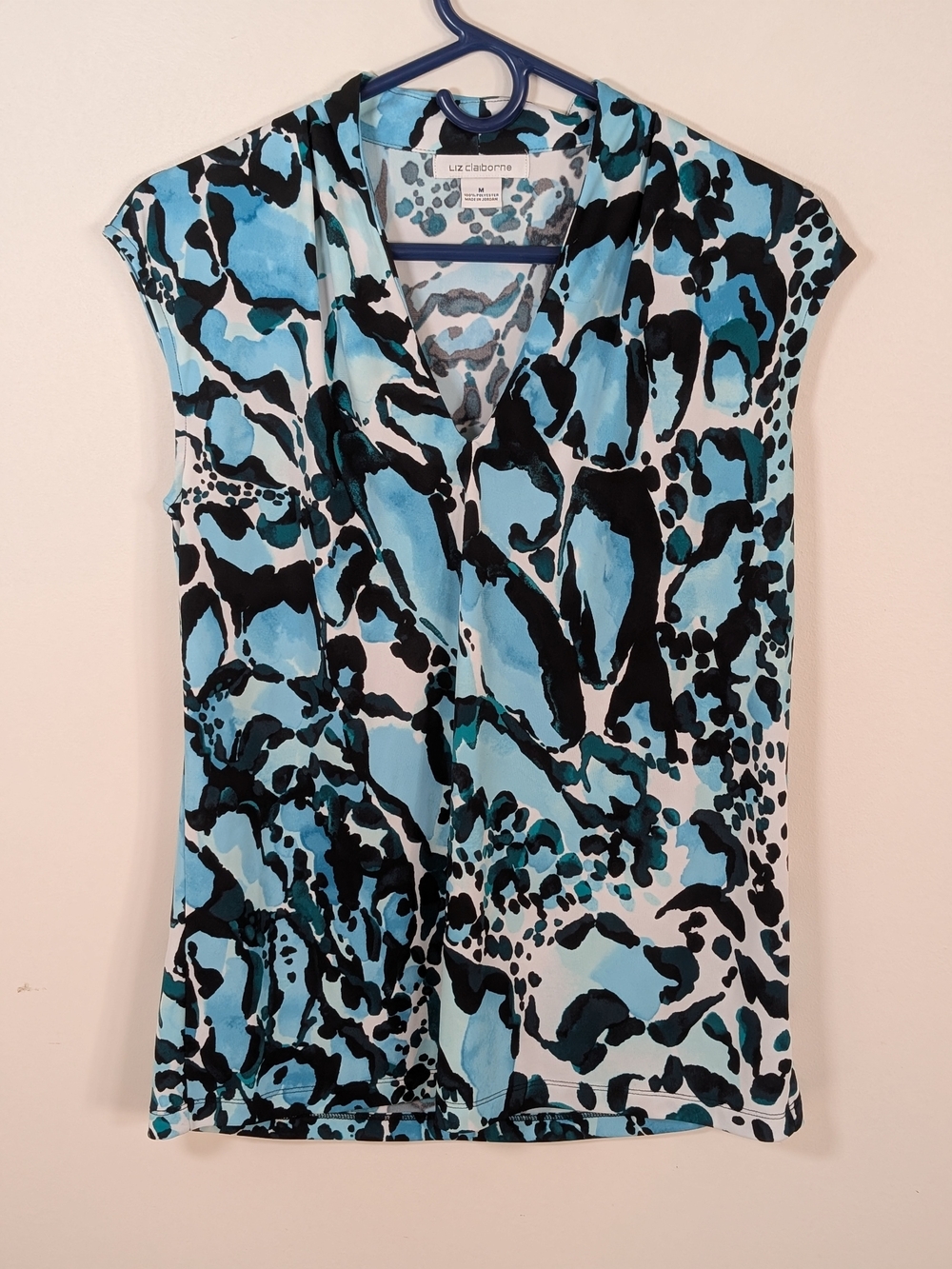 Liz Claiborne Blue Abstract Animal Print Cap-Sleeve Top